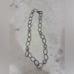 Silver and Pearl Open Oval Chain Necklace with Studded Clasp